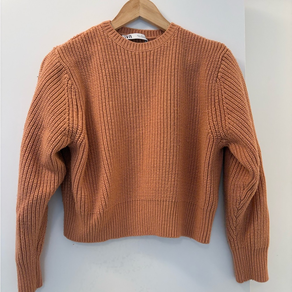 Zara Salmon Coloured Chunky Ribbed Crewneck Sweater